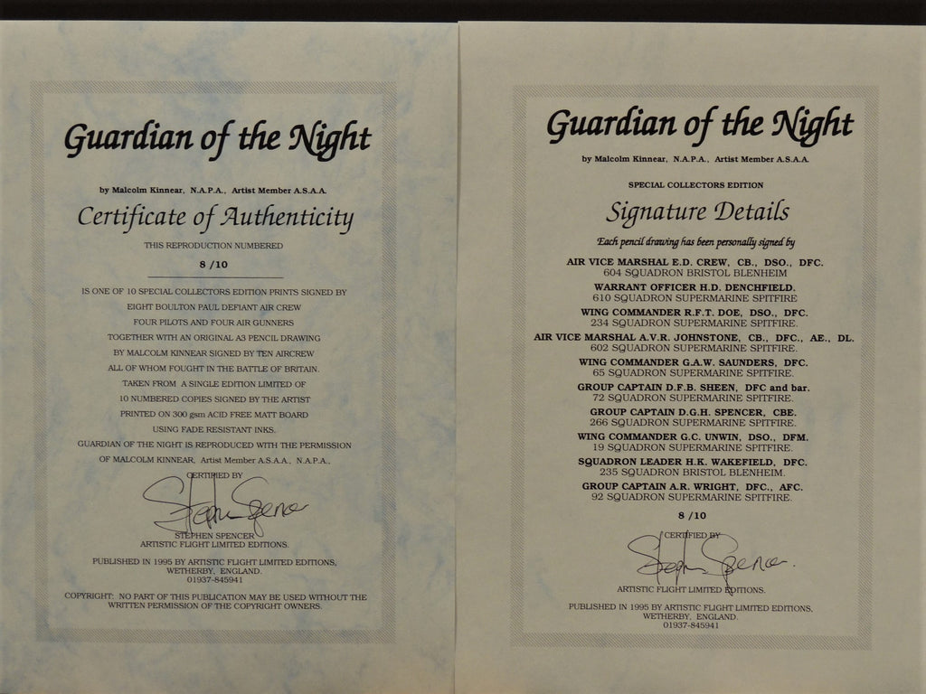 Guardians Of the Night by Malcolm Kinnear, rare "Defiant" print with original drawing